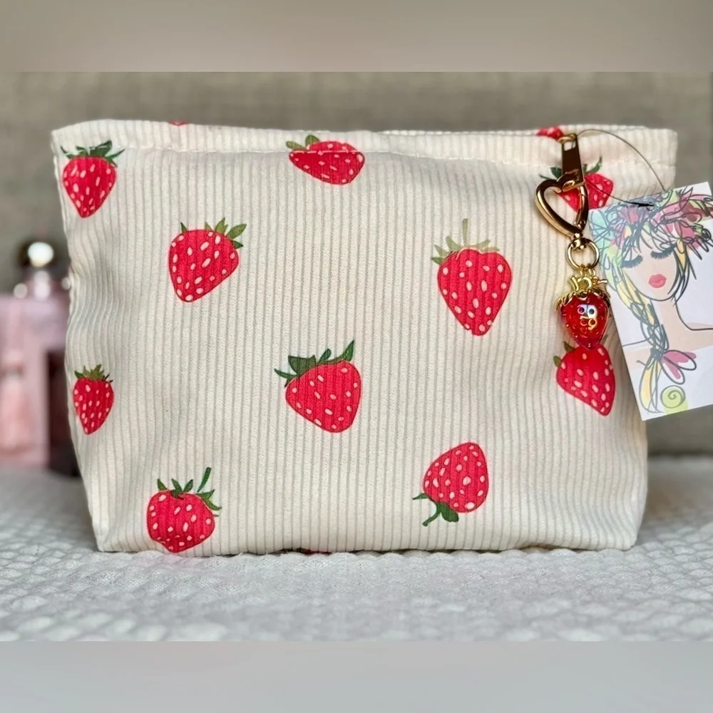 New Red Strawberry Lined Corduroy Makeup Cosmetic Tech Pencil Bag w/ Charm - 10”